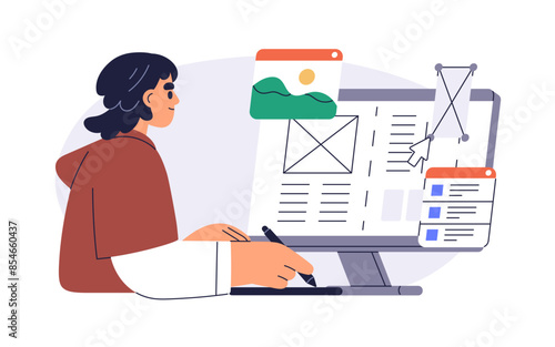 Web designer creating site layout. Developing user interface and webpage design at computer. Landing page wireframe construction, UI development. Flat vector illustration isolated on white background