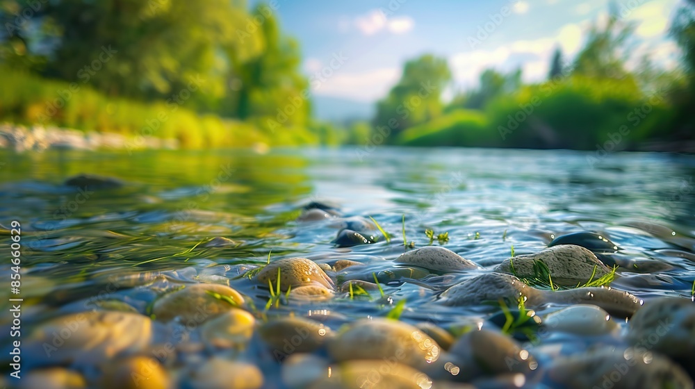 River with clear flowing water and many rocks in green forest on blurred background River with clear flowing water and many rocks in green forest on blurred background