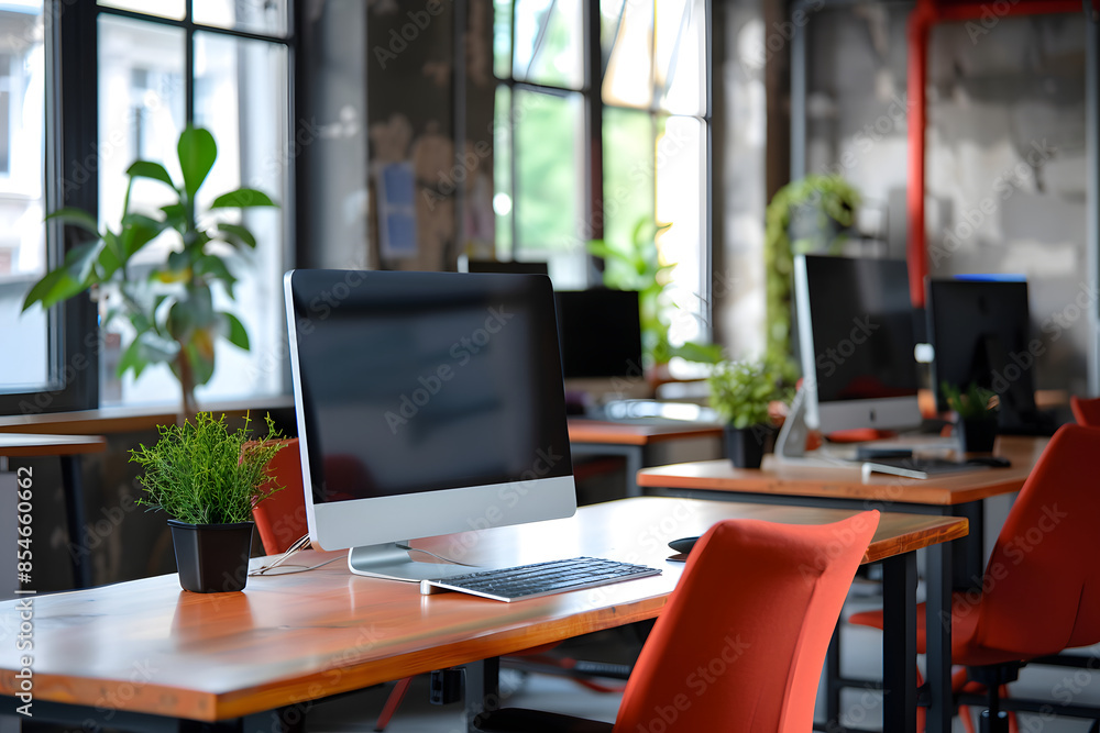 Office coworking interior with pc monitors on tables, window. Empty wall Generative AI Office coworking interior with pc monitors on tables, window. Empty wall Generative AI