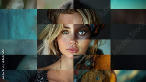 Fragmented portraits of people loopable animation, diversity concept, men and women looking into camera, front view