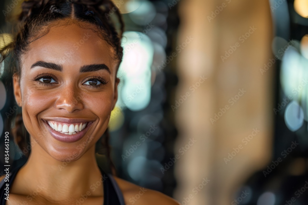 A close-up portrait of a smiling fitness trainer, showcasing her professionalism and approachability. The image was taken in a gym setting, and the background is blurred A close-up portrait of a smiling fitness trainer, showcasing her professionalism and approachability. The image was taken in a gym setting, and the background is blurred