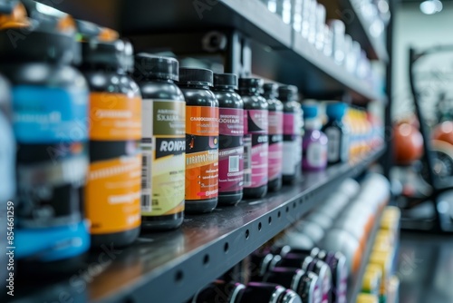 A closeup photo of various sports nutrition supplements neatly arranged on a gym shelf, showcasing protein powders and energy drinks
