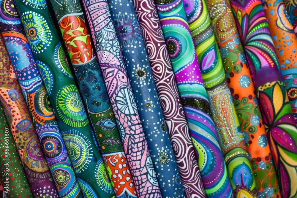 Colorful rolls of fabric with vibrant, intricate patterns, showcasing diverse designs and rich textures in a stunning display. Colorful rolls of fabric with vibrant, intricate patterns, showcasing diverse designs and rich textures in a stunning display.