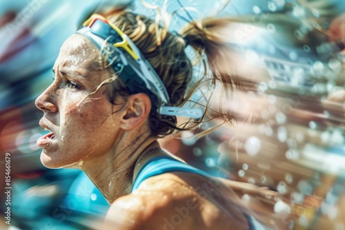 A female triathlete sprints towards the finish line, her determined expression framed against a backdrop of blurry motion photo