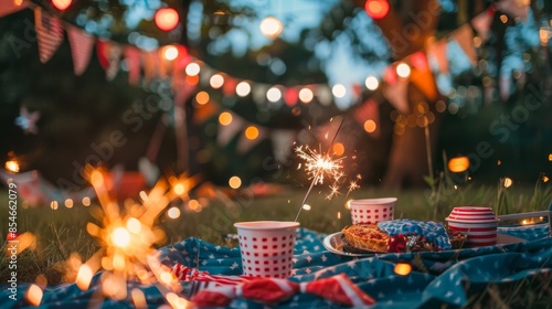 Festive outdoor picnic with colorful lights, sparklers, and patriotic-themed cups on a blanket in the evening. photo