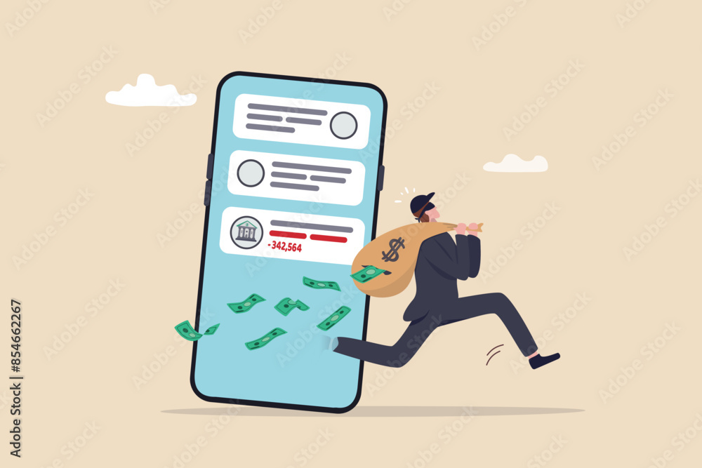Call center fraud or scam stealing money from mobile banking application, fake phone call or financial crime, phishing or financial threat concept, scammer thief steal money from mobile banking app. Call center fraud or scam stealing money from mobile banking application, fake phone call or financial crime, phishing or financial threat concept, scammer thief steal money from mobile banking app.