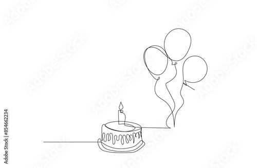 Canvas Print Continuous line drawing of birthday cake and balloons