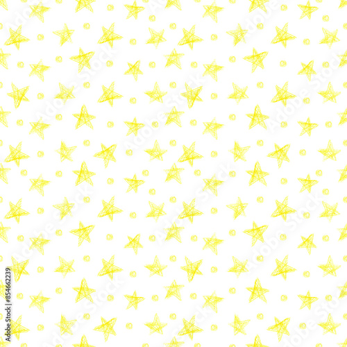 Hand drawn wax crayon yellow stars drawing seamless pattern isolated on white background. Illustration can be used for textile, scrapbook and other printed products.