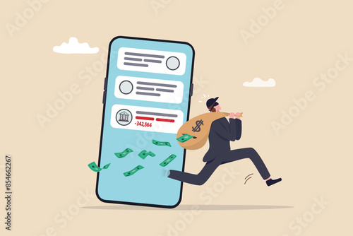 Call center fraud or scam stealing money from mobile banking application, fake phone call or financial crime, phishing or financial threat concept, scammer thief steal money from mobile banking app.