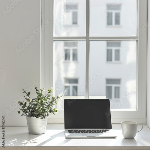 Modern workspace with laptop, coffee cup, and plant by bright window. Minimalist home office setup with natural light.