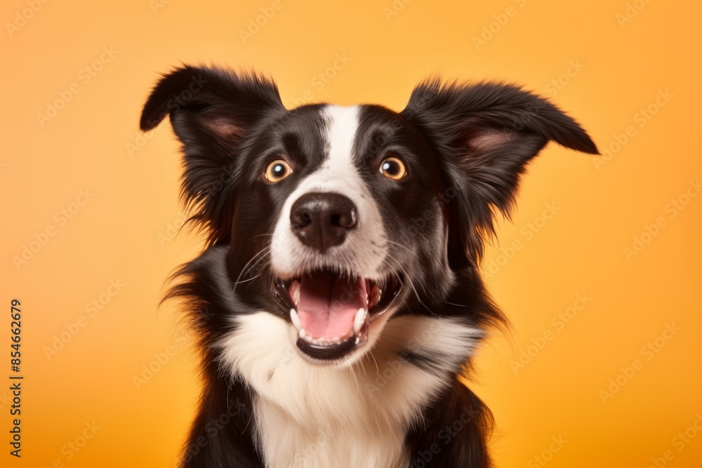Fototapeta premium Portrait of a funny border collie on pastel orange background