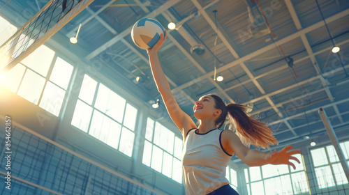 A woman is playing volleyball and is going to hit the ball in a jump. A happy athlete at a volleyball competition in the gym