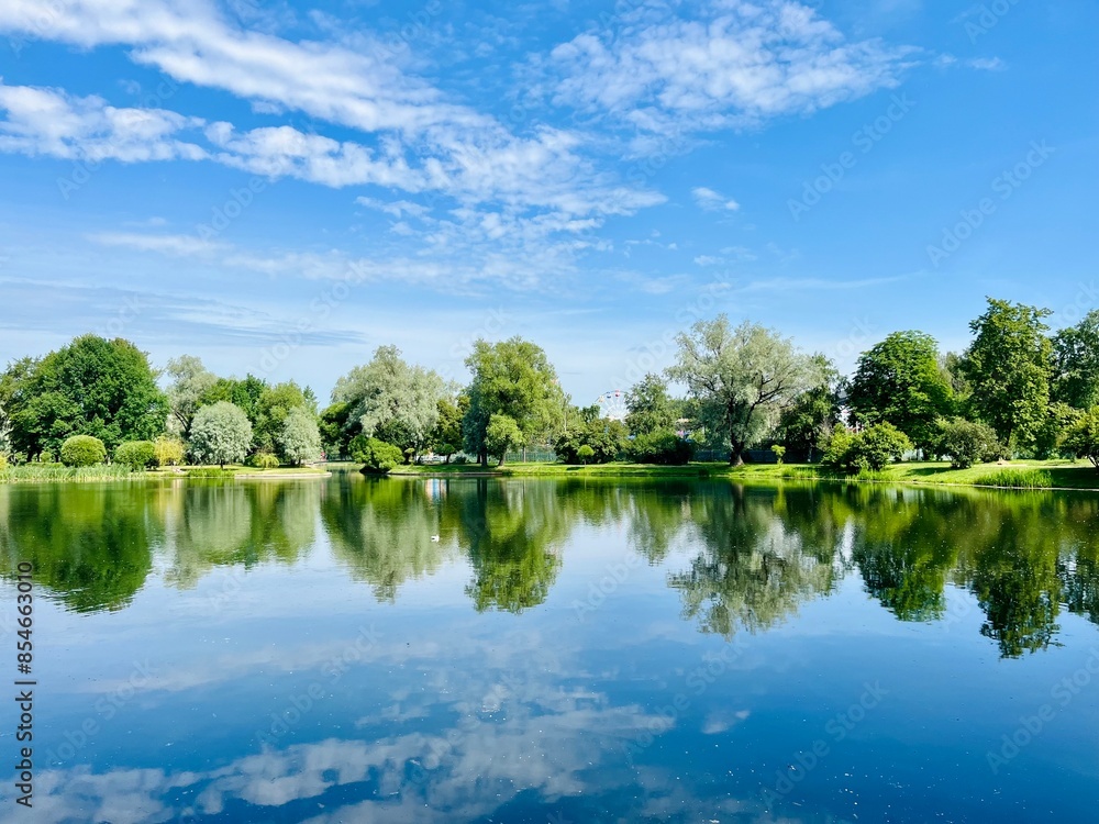 summer lake in the park, blue sky with white clouds and green trees reflection on the lake surface summer lake in the park, blue sky with white clouds and green trees reflection on the lake surface