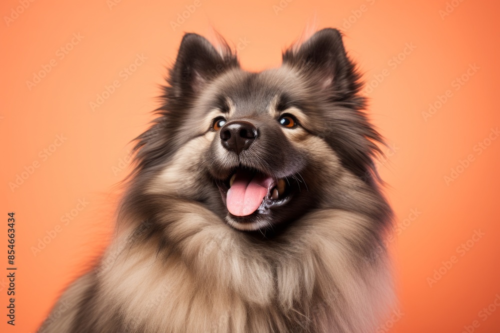 Portrait of a funny keeshond in pastel orange background Portrait of a funny keeshond in pastel orange background