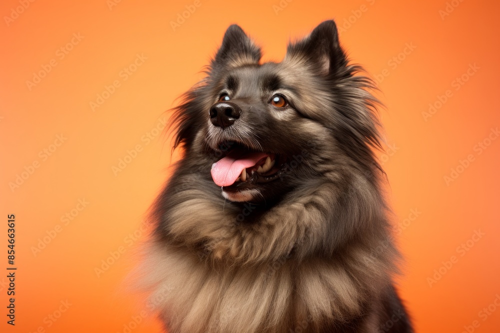 Portrait of a funny keeshond isolated on pastel orange background Portrait of a funny keeshond isolated on pastel orange background