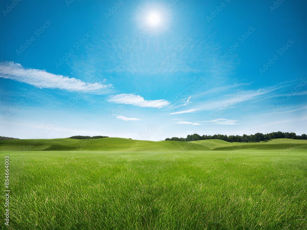 Obraz premium Tranquil Open Field with Vibrant Green Grass and Rolling Hills Under a Brilliant Blue Sky