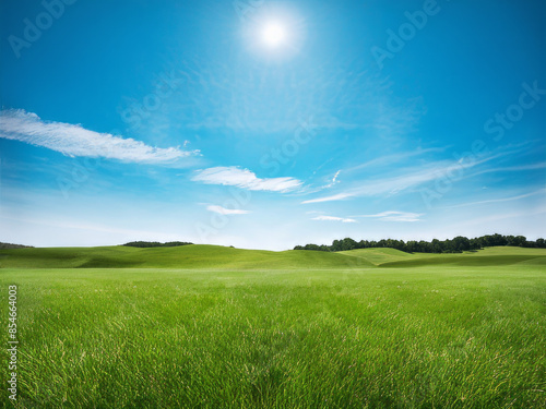 Tranquil Open Field with Vibrant Green Grass and Rolling Hills Under a Brilliant Blue Sky