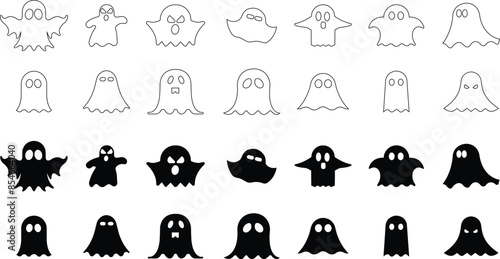 Ghost, phantom or apparition haunting Halloween flat, line vectors icons Set for holiday apps and website. Spooky character editable stock. Scary ghostly monster Silhouette on transparent background.