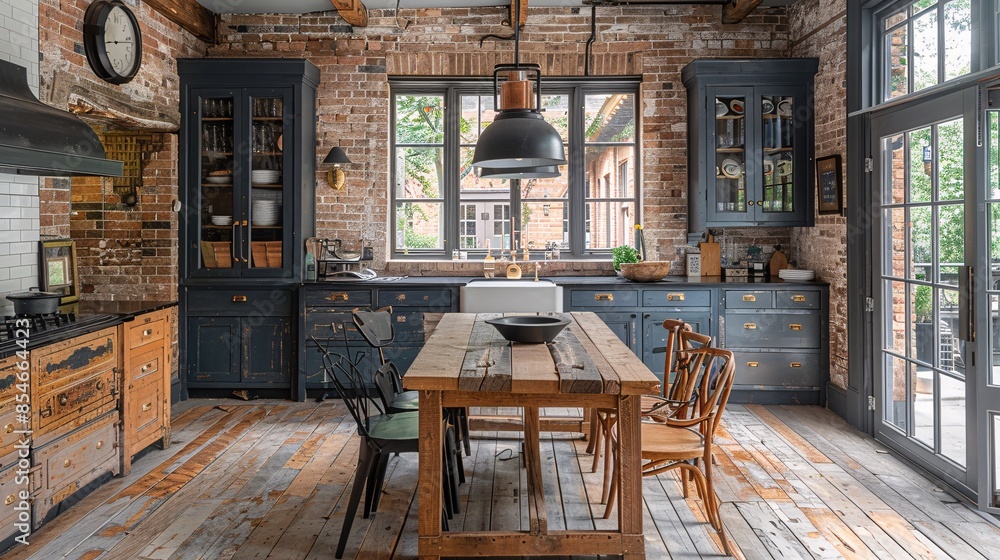 Rustic kitchen with wooden table, chairs, and brick walls. Rustic kitchen with wooden table, chairs, and brick walls.