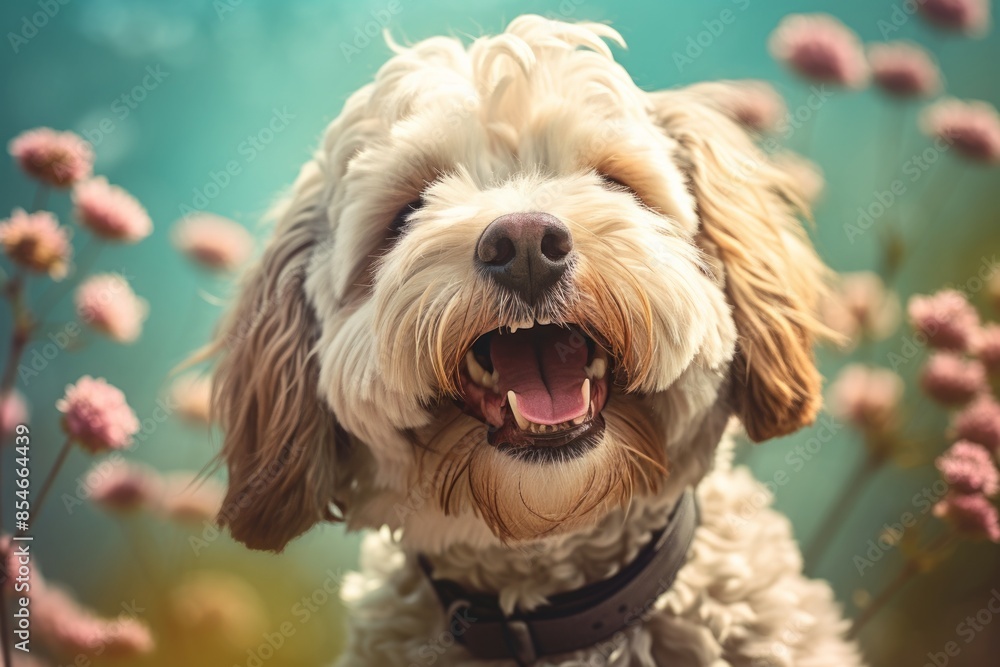 Portrait of a happy bulldog in front of pastel teal background Portrait of a happy bulldog in front of pastel teal background