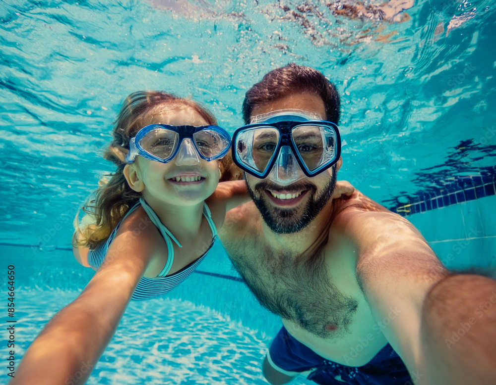 Fototapeta premium Father man and girl child daughter swimming underwater in water pool on summer vacation with plastique googles water action 