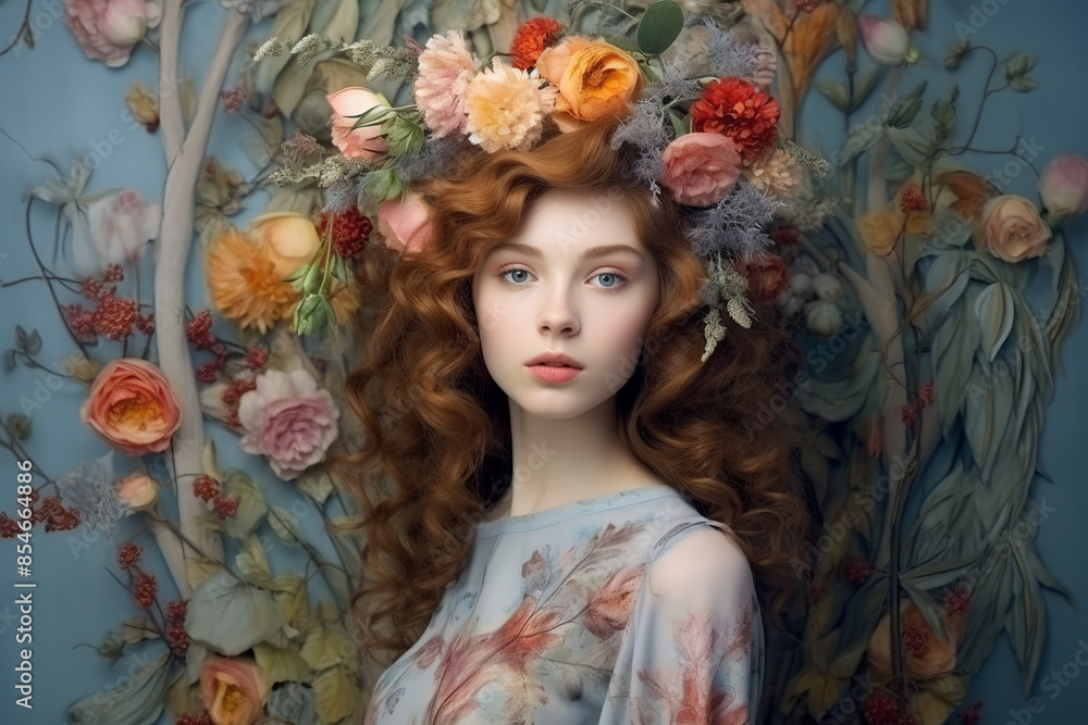 beautiful caucasian woman with artistic floral composition, portrait, blue background beautiful caucasian woman with artistic floral composition, portrait, blue background