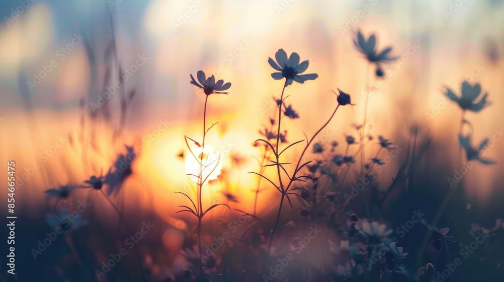 Fototapeta premium Silhouetted flowers in vintage sunset light with copy space blurred focus