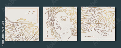 ector woman face line design, beauty nature logo, female hair salon prints. Floral fashion illustrations, cosmetic, spa, care drawing.