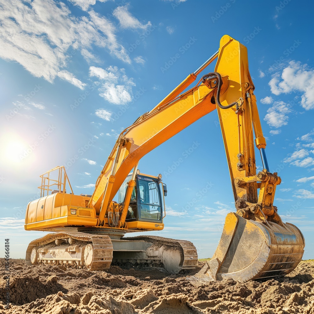 A yellow excavator on a construction site under a blue sky, showcasing heavy machinery and industry. Ideal for industrial, construction, and engineering projects. A yellow excavator on a construction site under a blue sky, showcasing heavy machinery and industry. Ideal for industrial, construction, and engineering projects.