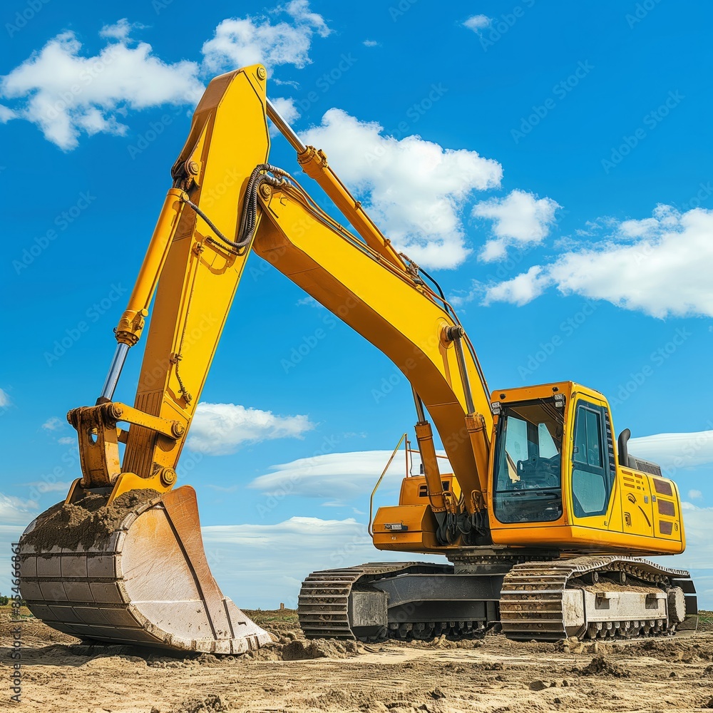 A yellow excavator on a construction site under a blue sky, showcasing heavy machinery and industry. Ideal for industrial, construction, and engineering projects. A yellow excavator on a construction site under a blue sky, showcasing heavy machinery and industry. Ideal for industrial, construction, and engineering projects.