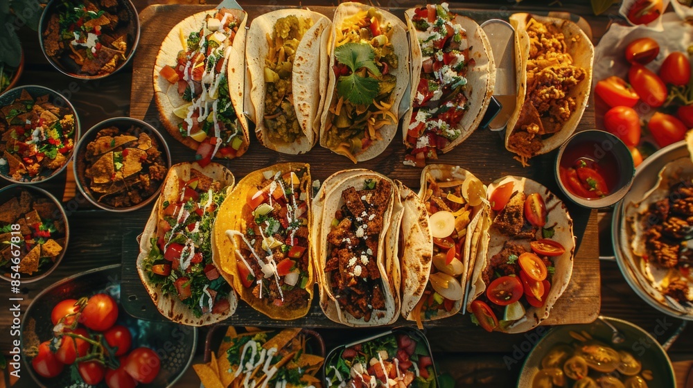 A colorful table setting with many tacos and bowls of food, perfect for a casual gathering or event A colorful table setting with many tacos and bowls of food, perfect for a casual gathering or event