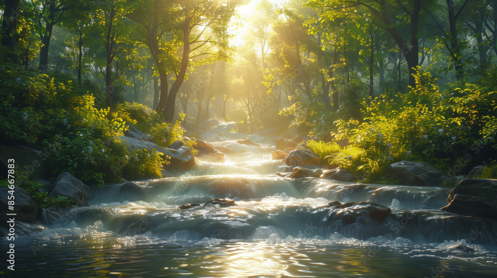 A peaceful stream flows through a lush forest, bathed in the golden light of sunrise. A peaceful stream flows through a lush forest, bathed in the golden light of sunrise.