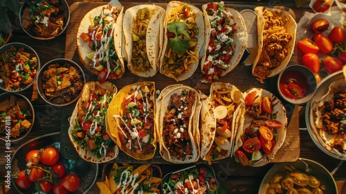 Wallpaper Mural A colorful table setting with many tacos and bowls of food, perfect for a casual gathering or event Torontodigital.ca