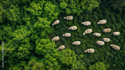 Aerial drone view of a green meadow next to frest full of white sheep photo