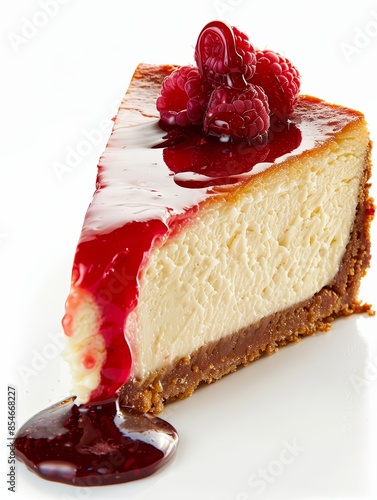 A slice of creamy New York cheesecake with a drizz  photo