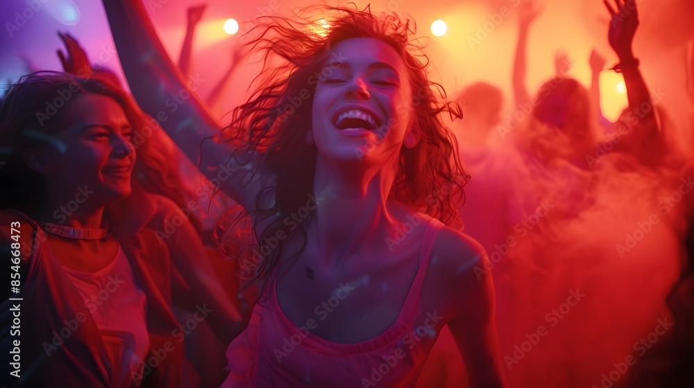 Young Women Dancing in a Vibrant Nightclub with Blurred Background and Festive Atmosphere Young Women Dancing in a Vibrant Nightclub with Blurred Background and Festive Atmosphere