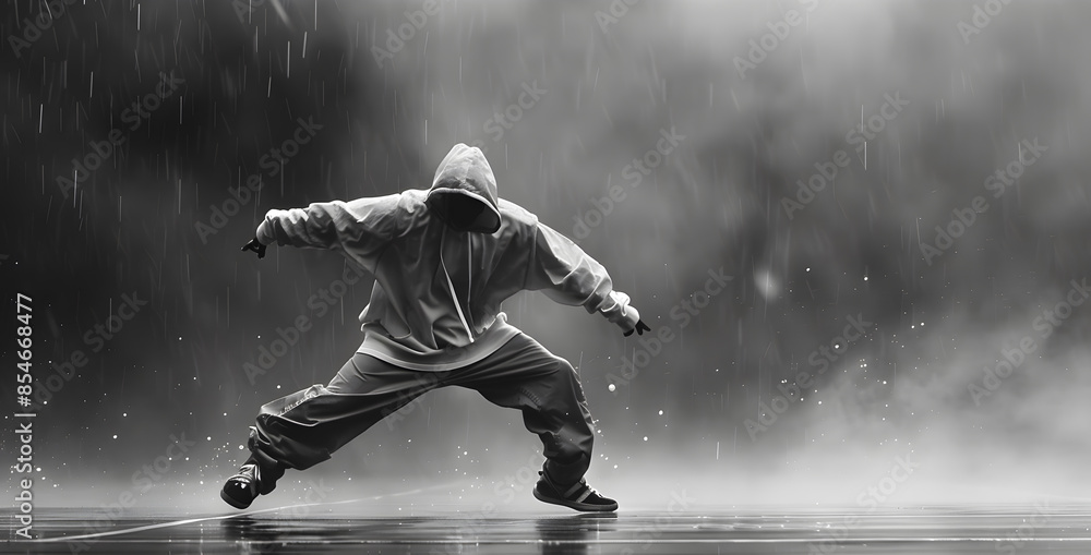 Black and White Hip Hop: Male Dancer in Hoodie - Active Lifestyle and Street Culture in Urban Modern Style Black and White Hip Hop: Male Dancer in Hoodie - Active Lifestyle and Street Culture in Urban Modern Style