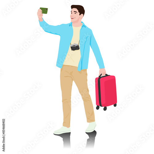 Young man tourist with camera and smartphone taking selfie. Male in casual clothes with a suitcase. Young male traveler goes on a journey. Vector illustration isolated on white
