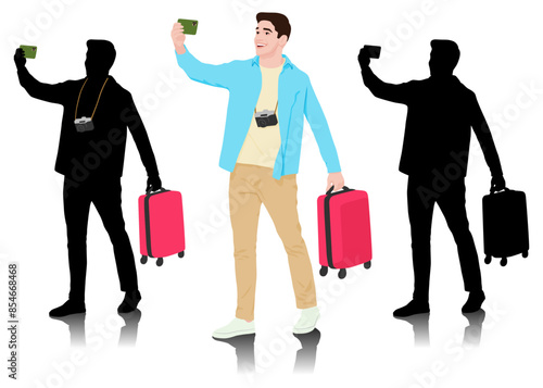 Young man tourist with camera and smartphone taking selfie. Male in casual clothes with a suitcase. Young male traveler goes on a journey. Vector illustration isolated on white