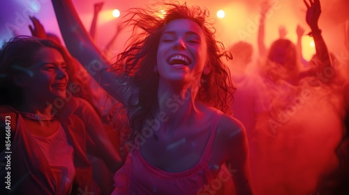 Wallpaper Mural Young Women Dancing in a Vibrant Nightclub with Blurred Background and Festive Atmosphere Torontodigital.ca