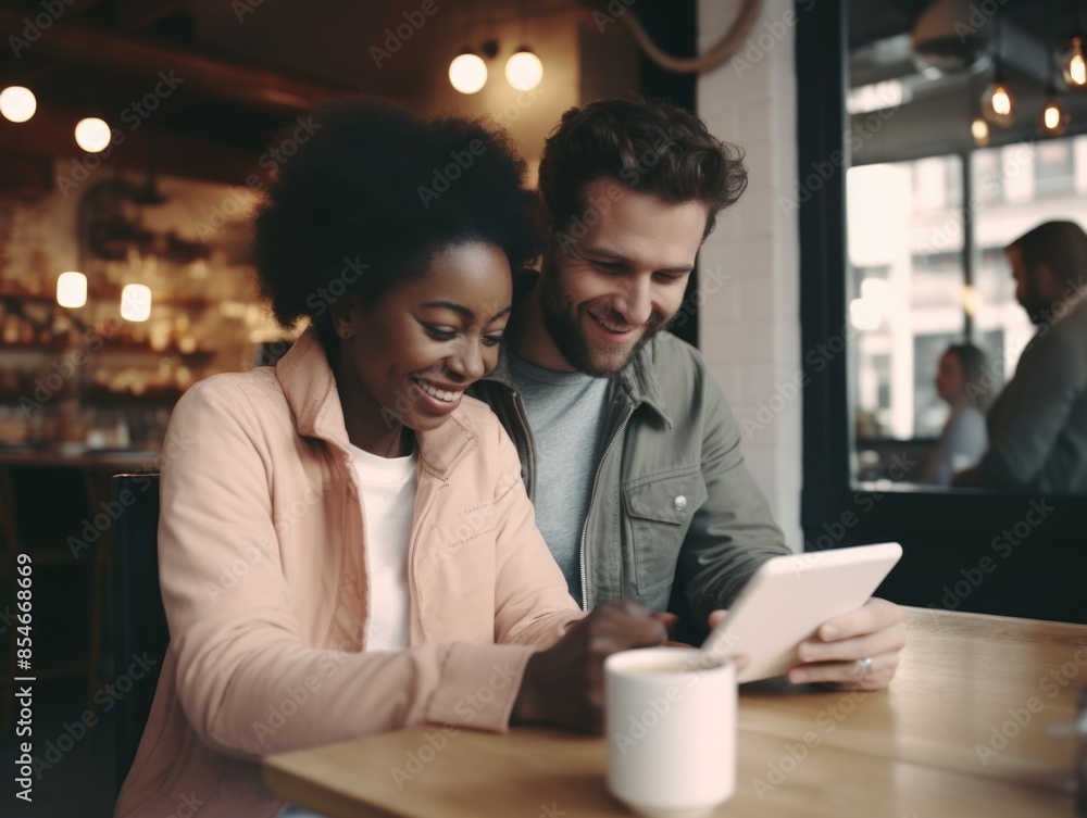 A pair of people sitting at a table, both focusing on a tablet A pair of people sitting at a table, both focusing on a tablet