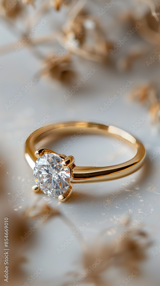 Close-up of an elegant gold engagement ring with a sparkling diamond, showcasing the beauty and brilliance of fine jewelry.
Close-up of an elegant gold engagement ring with a sparkling diamond, showcasing the beauty and brilliance of fine jewelry.