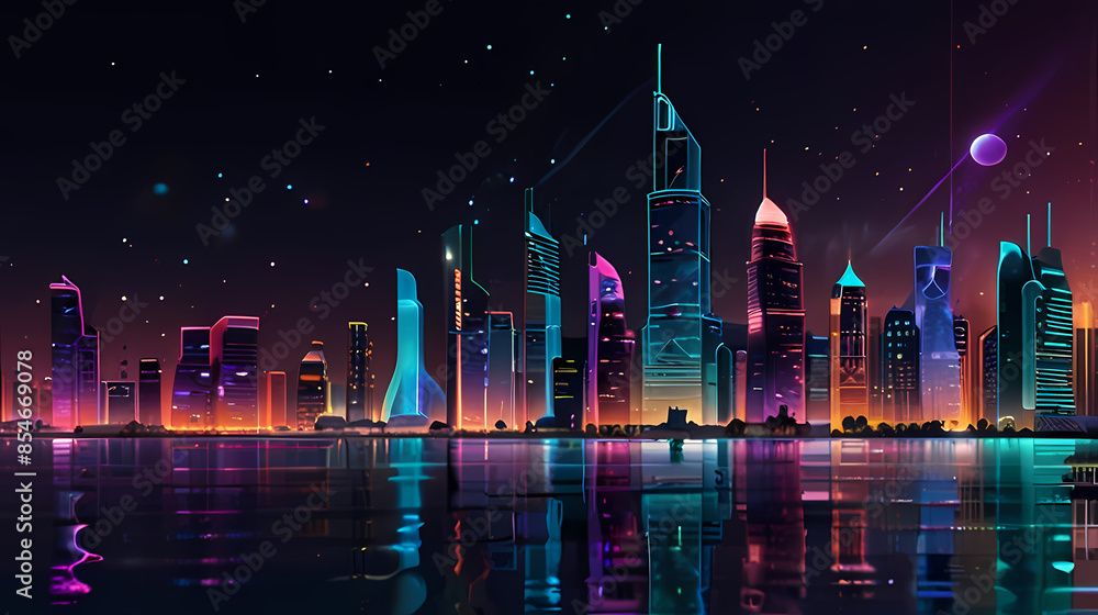 Fototapeta premium Futuristic city skyline at night with a holographic wave flowing through the buildings, casting a colorful glow
