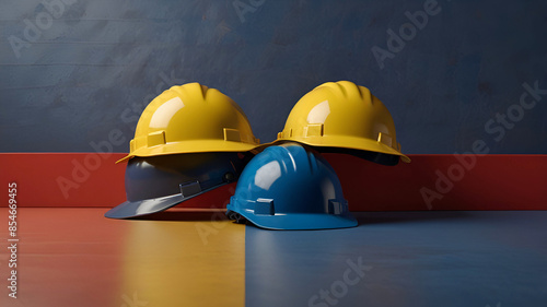 Three Hard Hats In A Row In Primary Colors Red, Yellow And Blue Helmet backgrounds. Ai generative photo