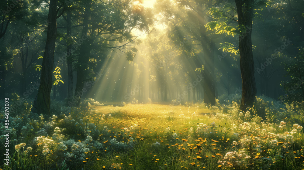 Sunbeams break through the canopy of a dense forest, illuminating a clearing with a soft, golden light. Sunbeams break through the canopy of a dense forest, illuminating a clearing with a soft, golden light.