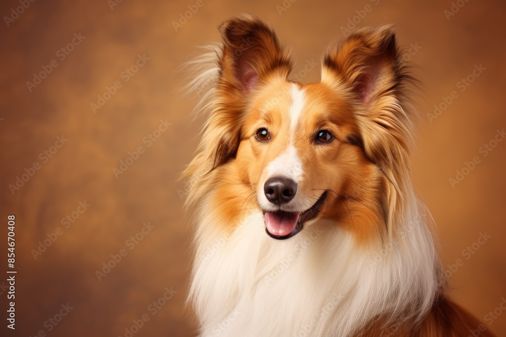 Portrait of a cute shetland sheepdog in front of pastel brown background