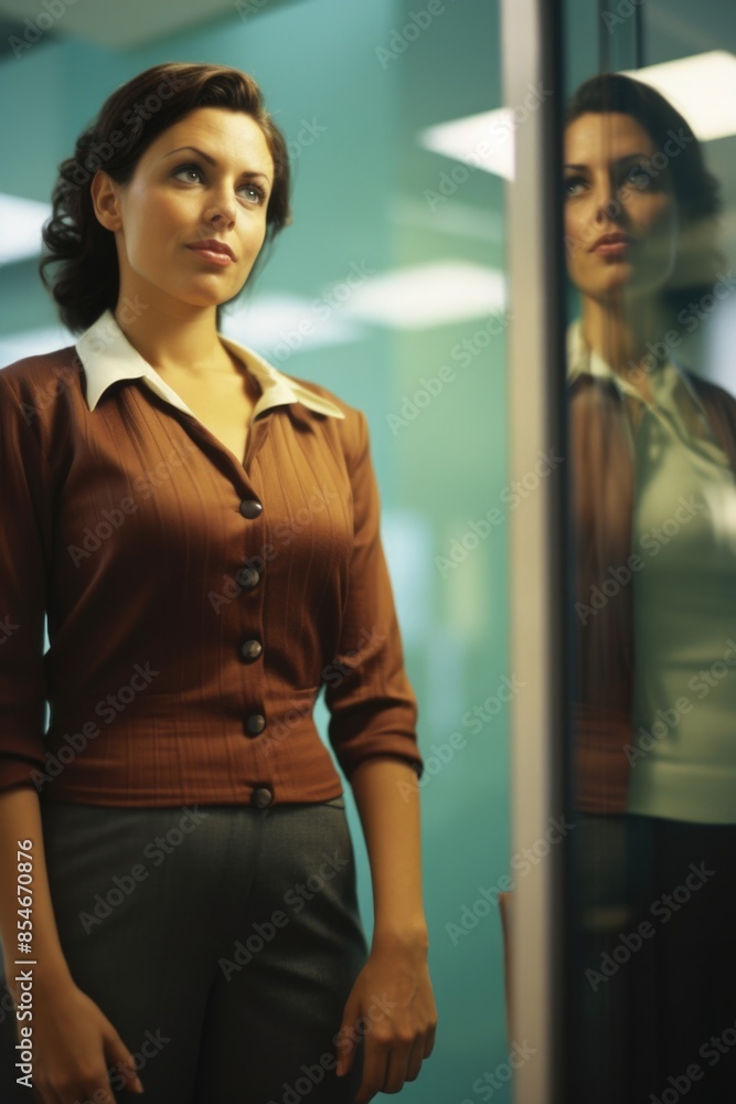 A woman stands in front of a mirror, looking at her reflection A woman stands in front of a mirror, looking at her reflection