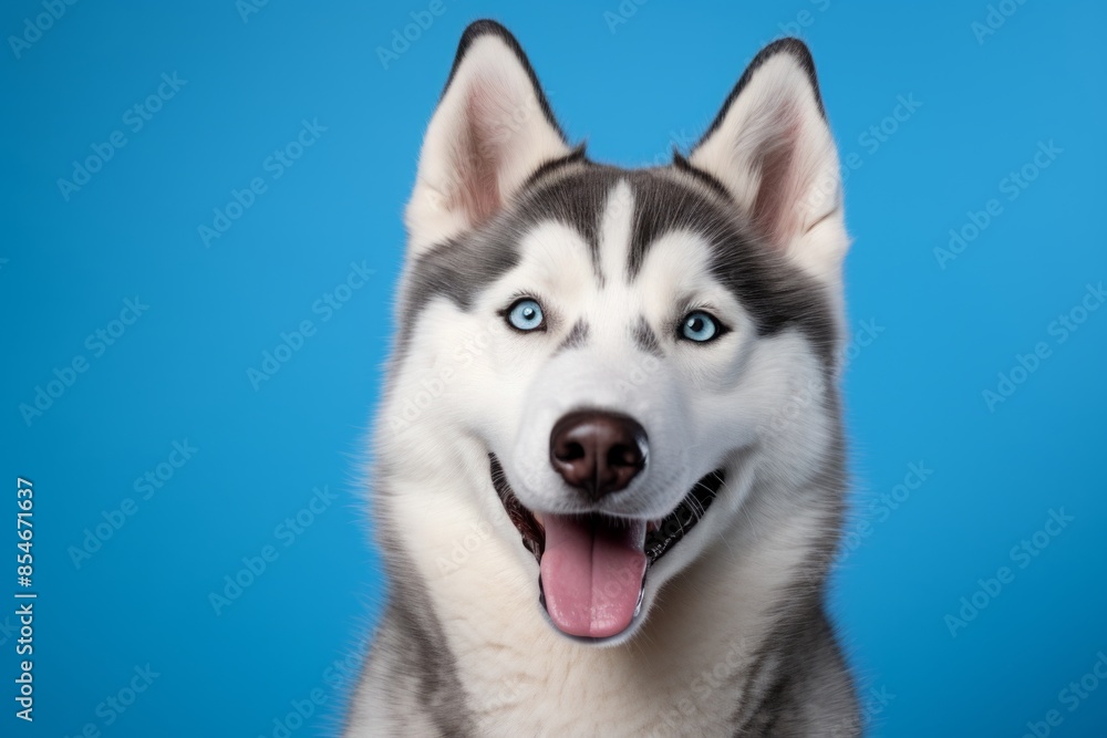 Portrait of a smiling siberian husky on soft blue background Portrait of a smiling siberian husky on soft blue background