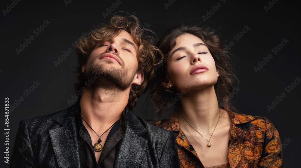 Man and woman with closed eyes, heads tilted back, exuding a sense of peace and introspection. Dark background highlights their serene expressions and stylish attire Man and woman with closed eyes, heads tilted back, exuding a sense of peace and introspection. Dark background highlights their serene expressions and stylish attire