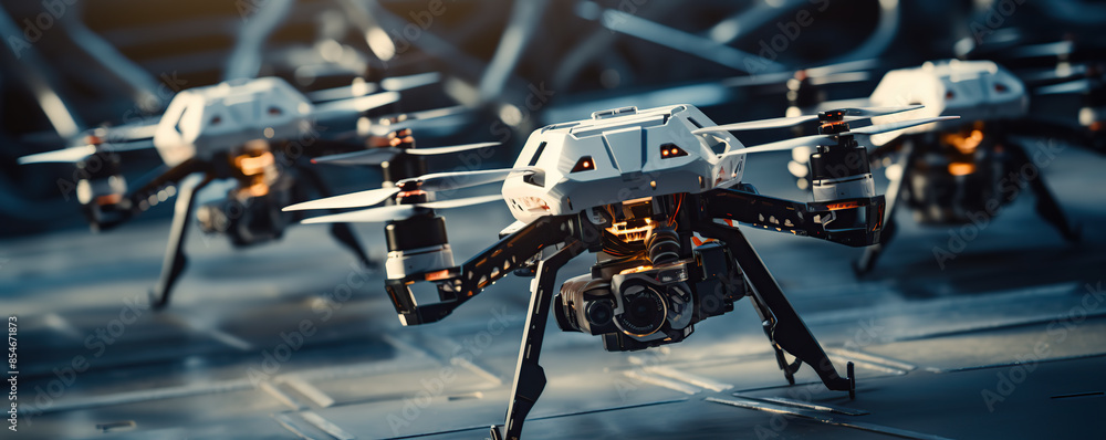 White Quadcopter Drone With Camera Landing on Runway White Quadcopter Drone With Camera Landing on Runway